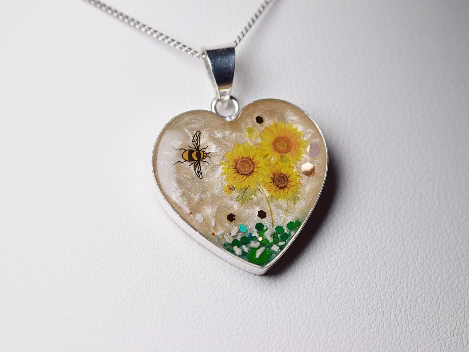 Cremation Ashes & Memorial Sunflower Heart Necklace Amulet of Ashes